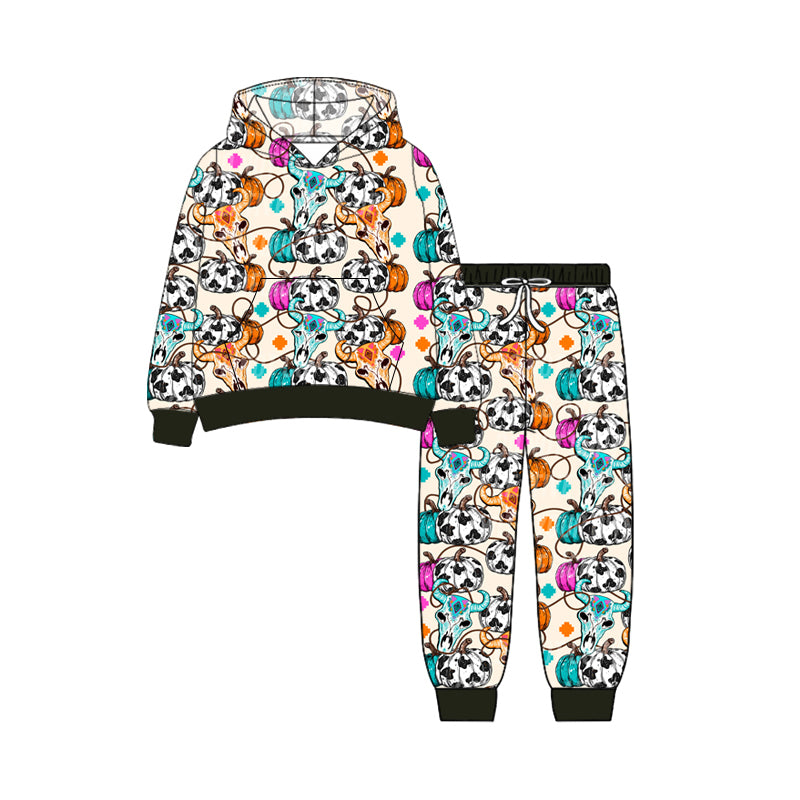 Preorder (moq 5)Baby Girls Long Sleeves Pumpkins Bull Skull Pockets Hoodie Pant Clothes Set