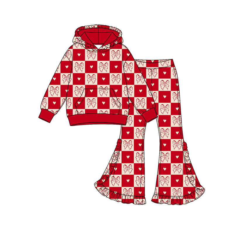 Preorder (moq 5) Girls’ Fall Red Hooded Long-Sleeve Plaid, Bow & Heart Ruffle Flare Pants Print Set | Matching Sister & Family Outfits