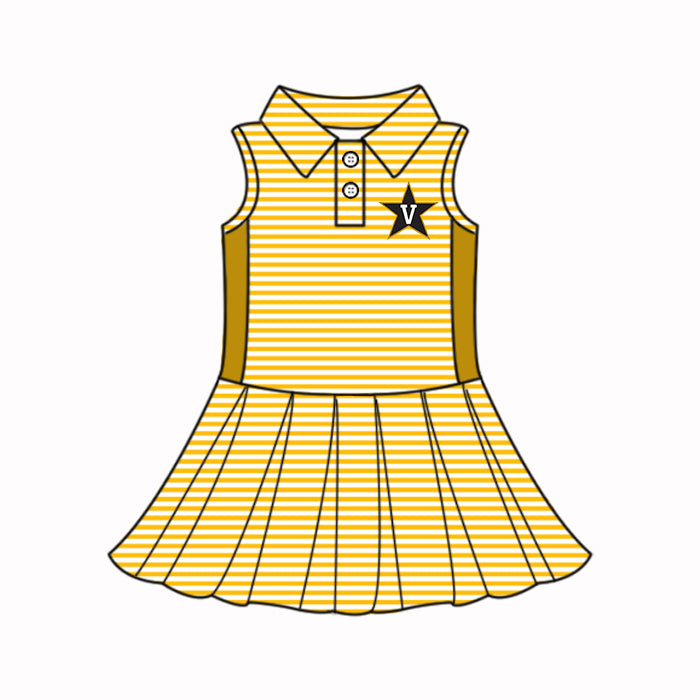 Preorder (moq 5)Baby Girls Sleeveless Yellow Stripe Button Star V Team Knee Length Dresses