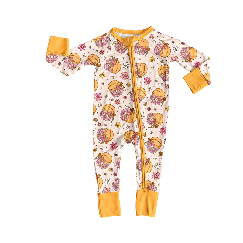 Preorder (moq 5)Baby Girls Yellow Long Sleeves Pumpkins Flowers Zipper Pant Rompers