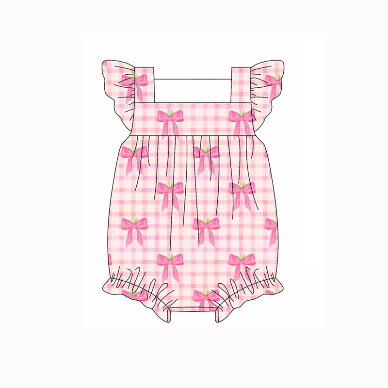 Preorder moq 5 Baby Girls Flutter Sleeves Pink Plaid Bows Ruffle Rompers