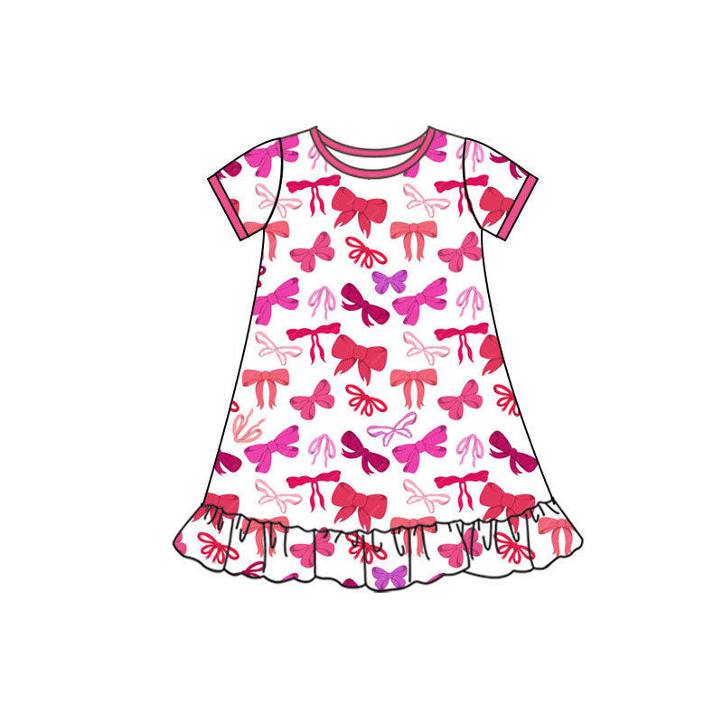 Preorder(moq 5) Baby Girls Short Sleeve Red Pink Bows Plaid Valentine Ruffle Knee Length Dresses