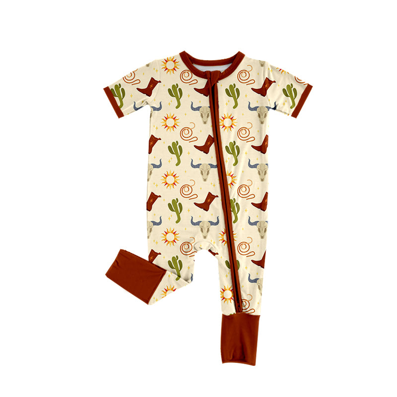 Preorder (moq 5)Baby Boys Khaki Short Sleeves Boots Cactus Zipper Rompers