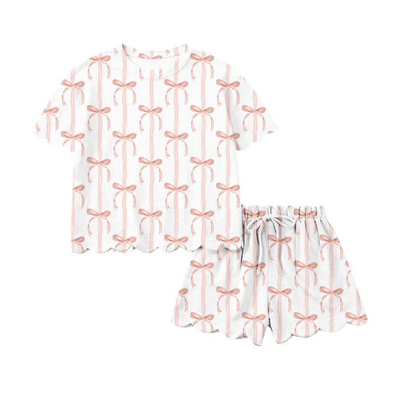 Preorder (moq 5)Baby Girls Short Sleeve Peach Bows Stripe Top Scallop Shorts Clothes Sets