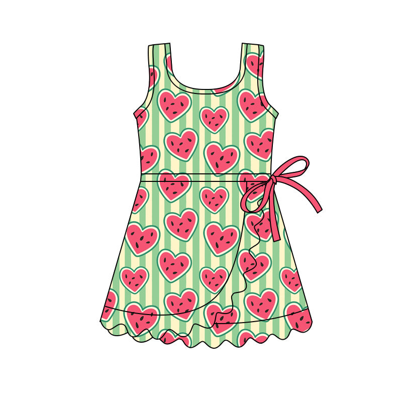 Preorder (moq 5)Baby Girls Sleeveless Watermelon Hearts Scallop Short Knee Length Dresses