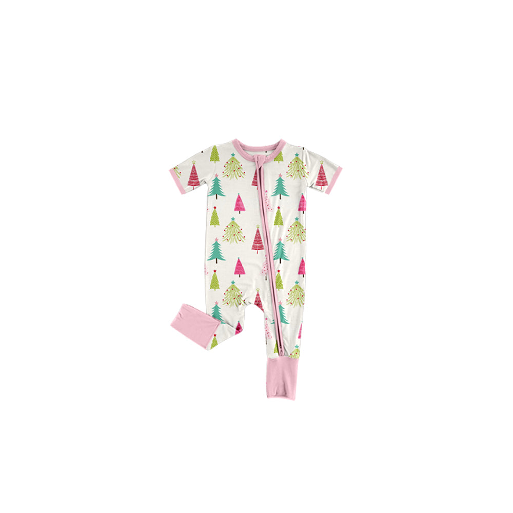 Preorder(moq 5)Baby Girls Short Sleeves Pink Christmas Trees Zipper Pant Rompers