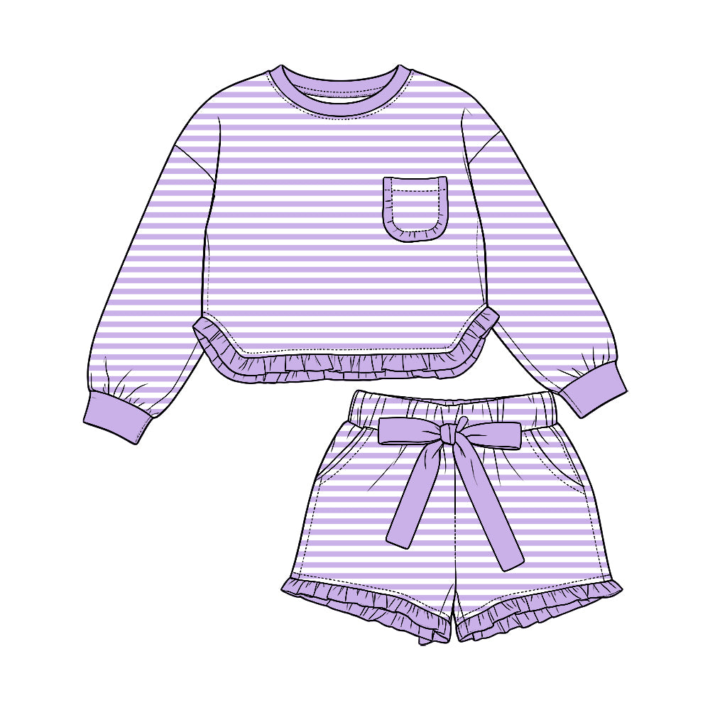 Preorder (moq5) Baby Girls Purple Stripe Pocket Top Ruffle Bow Short Clothes Set
