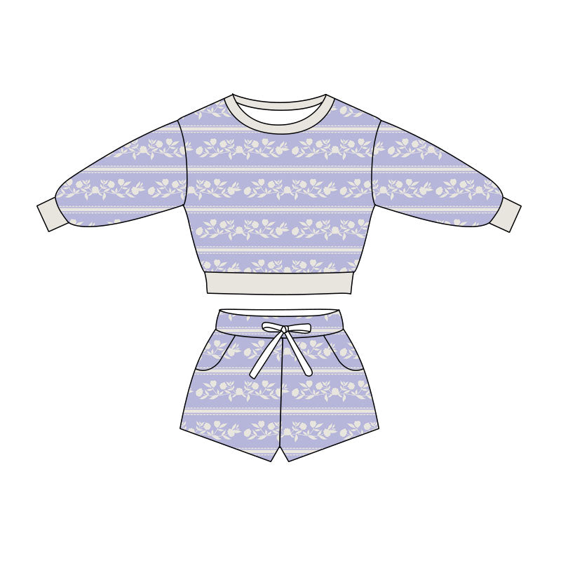 Preorder(moq 5) Baby Girls Lavender Flowers Stripe Long Sleeve Pockets Shorts Clothes Sets