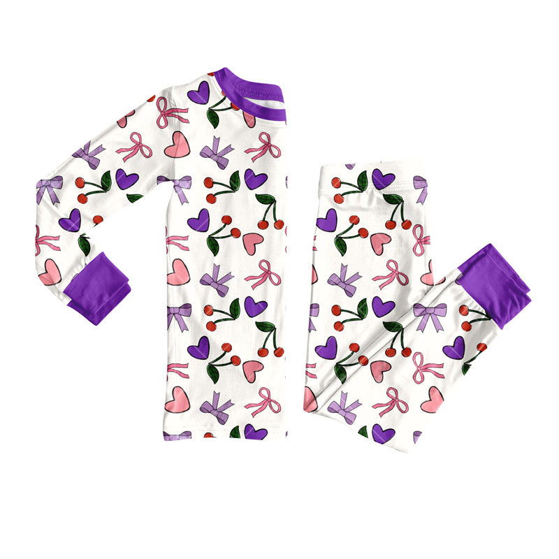 Preorder (moq 5)Baby Girls Pink Purple Bows Hearts Cherry Top Pants Valentine Pajamas Sets