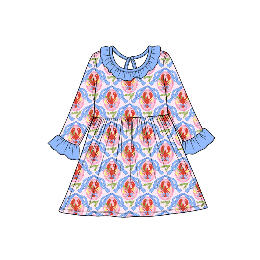 Preorder(moq5) Baby Girl Clothes Crawfish Blue Bow Wreath Print Long Sleeve Ruffle Twirl Dress