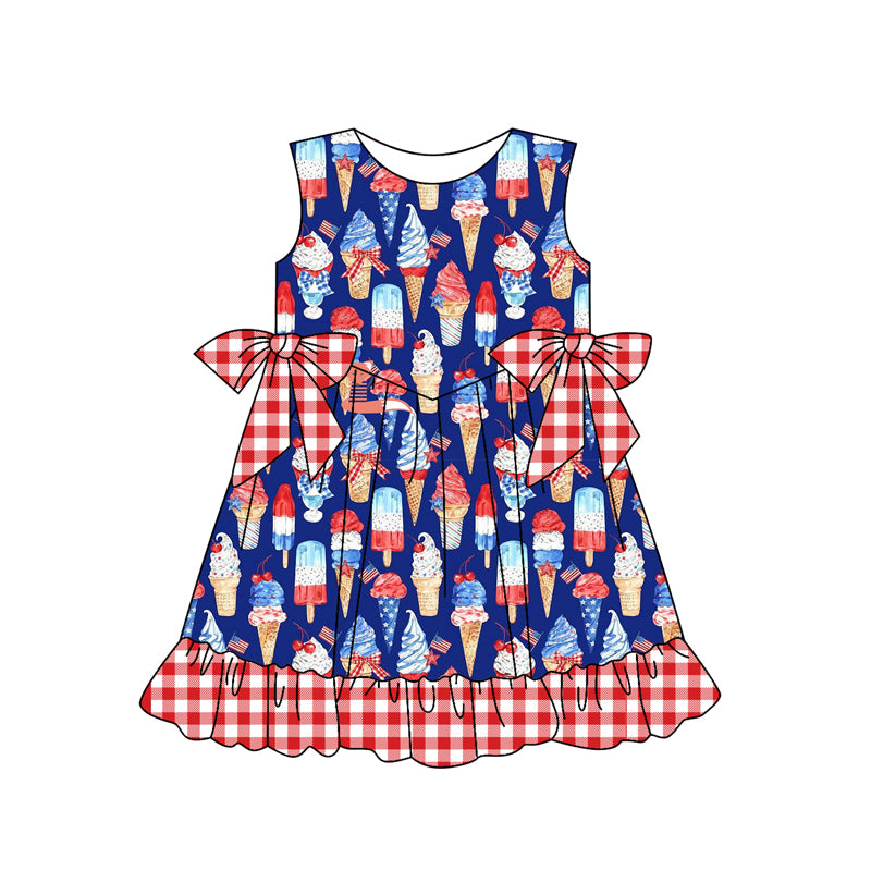 Preorder (moq 5)Baby Girls Blue Sleeveless Popsicle Red Plaid Bows 4th Of July Knee Length Dresses Preorder