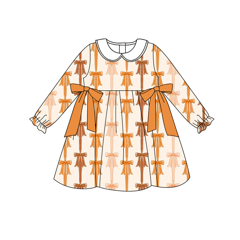 Preorder (moq 5)Baby Girls Long Ruffle Sleeves Yellow Bows Stripes Knee Length Dresses