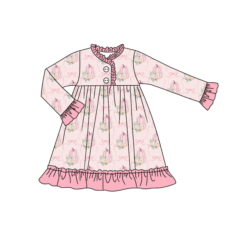 Preorder (moq 5)Baby Girls Pink Long Ruffle Sleeves Bows Pumpkins Button Knee Length Dresses