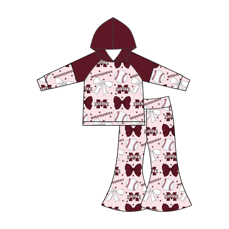 Preorder (moq 5)Baby Girls Long Sleeves Baseballs Bows M State Hoodie Top Bell Bottom Pant Team Set