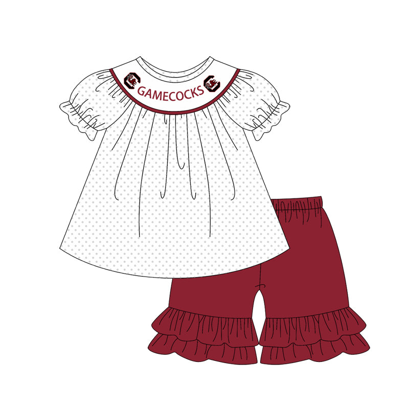 Preorder (moq 5)Baby Girls Gamecocks Team Tunic Top Ruffle Shorts Clothes Sets