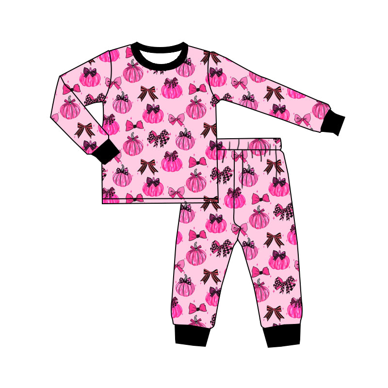 Preorder (moq 5)Baby Girls Bows Pumpkins Top Pants Fall Pajamas Set