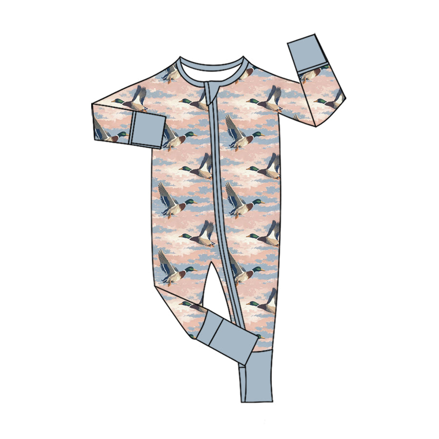 Preorder (moq 5) Baby Girl Clothes Mallard Duck Sky Camo Print Long Sleeve Zipper Romper