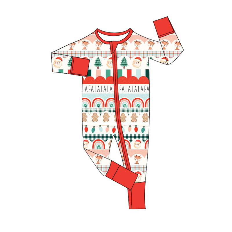 Preorder (moq 5)Baby Girls Red Long Sleeves Deer Gingerbread Trees Stripes Zipper Rompers