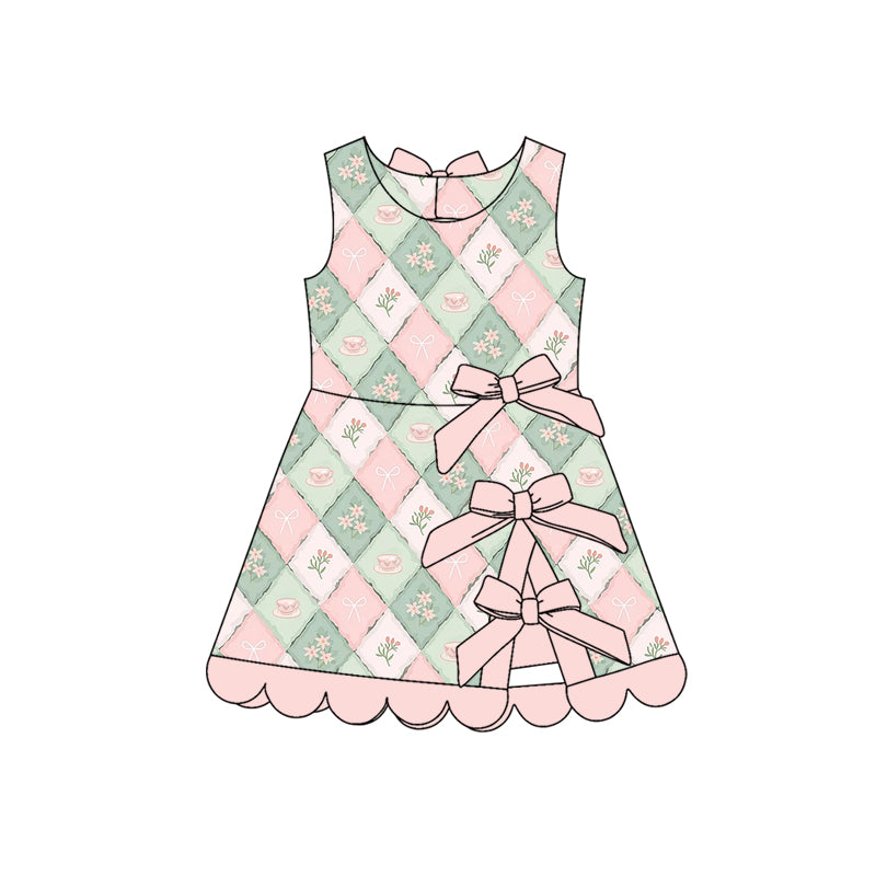 Preorder moq 5 Baby Girls Flower Coffee Checked Shorts Scallop Knee Length Dress