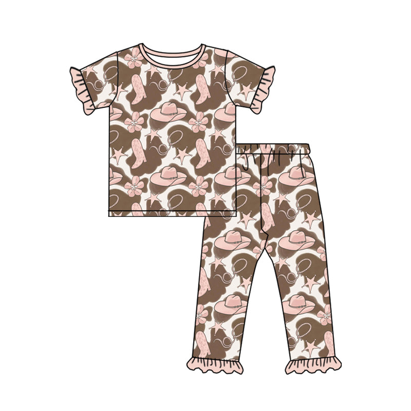 Preorder (moq 5)Baby Girls Pink Boot Hats Flowers Top Ruffle Pants Western Pajamas Sets