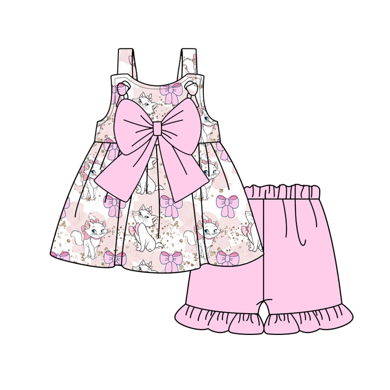 Preorder (moq 5)Baby Girls Pink Strap Cartoon Cats Bows Tunic Ruffle Short Clothes Sets