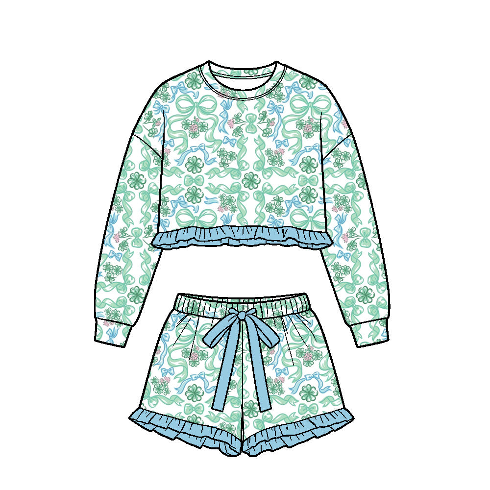 Preorder (moq5) Baby Girls Clovers Bows Long Sleeve Top Ruffle Short St Patrick Clothes Set