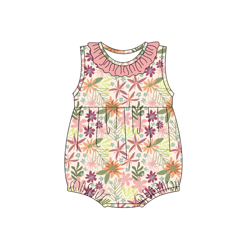 Preorder(moq 5)Baby Infant Girls Sleeveless Pink Floral Round Collar Summer Rompers