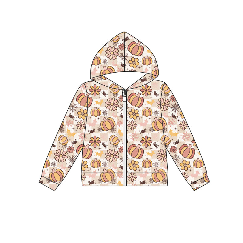 Preorder (moq 5)Baby Girls Flowers Pumpkins Spiders Halloween Zip Hoodie Jackets
