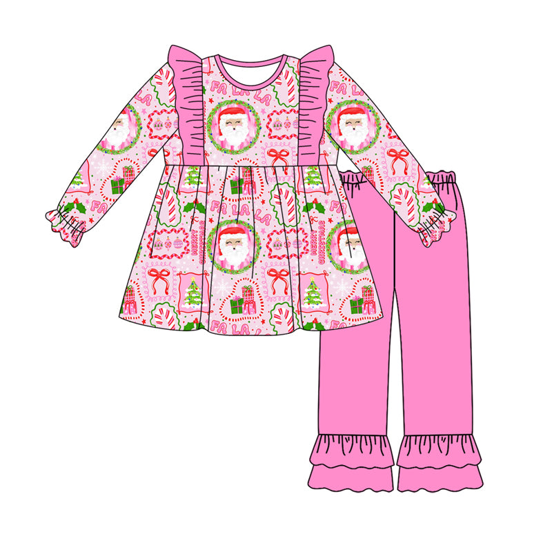 Preorder (moq 5)Baby Girls Long Sleeves Pink Bows Santa Plaid Tunic Ruffle Pants Set