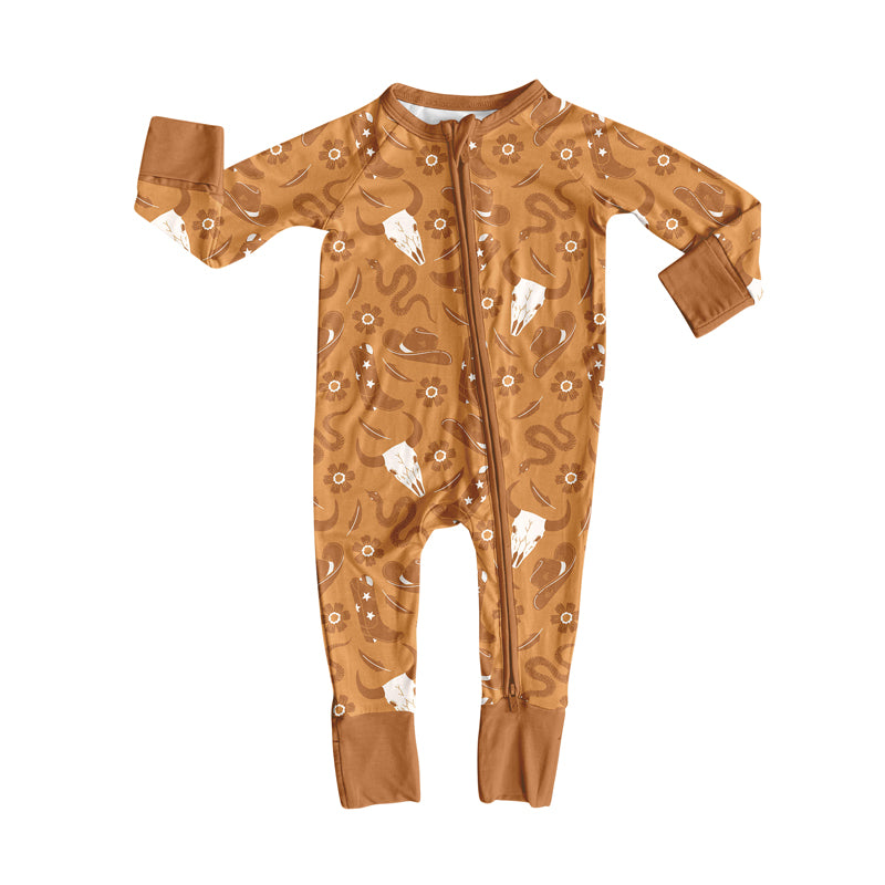 Preorder(moq 5)Baby Boys Western Brown Cows Boots Zipper Footie Rompers