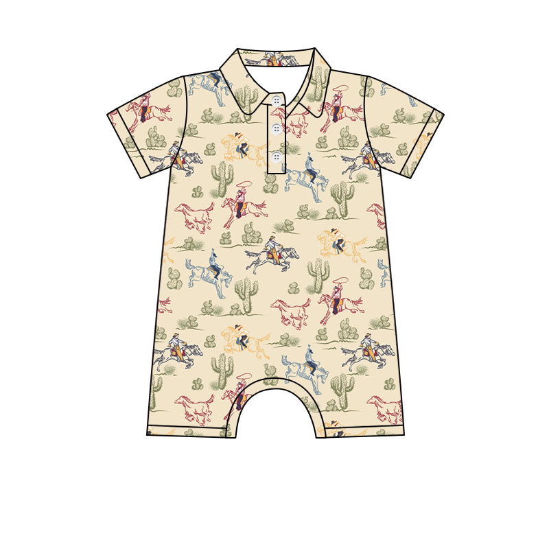Preorder (moq 5)Baby Boys Khaki Short Sleeves Button Horse Rodeo Cactus Rompers