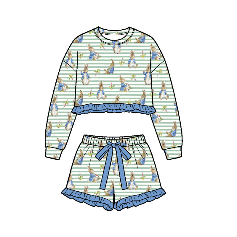 Preorder (moq 5) Girls Easter Blue Bunny Ruffle Top & Shorts Set