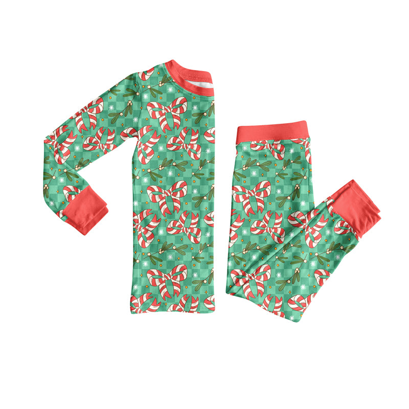 Preorder(moq 5) Baby Girls Holly Plaid Candy Cane Bows Top Pants Christmas Pajamas Set