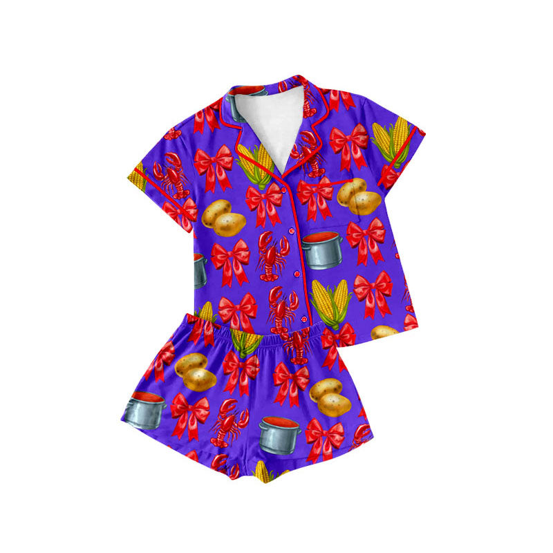 Preorder(moq 5) Baby Girls Bows Crayfishes Button Pockets Top Shorts Mardigras Pajamas Sets