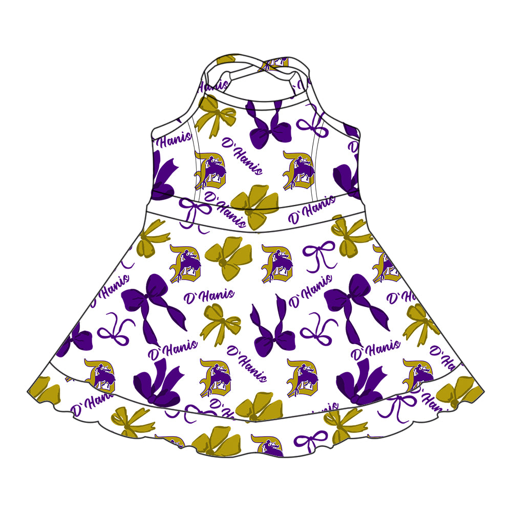 Preorder (moq 5)Baby Girls Purple Strap Horse Rodeos Bows Plaid Shorts Ruffle Team Knee Length Dresses