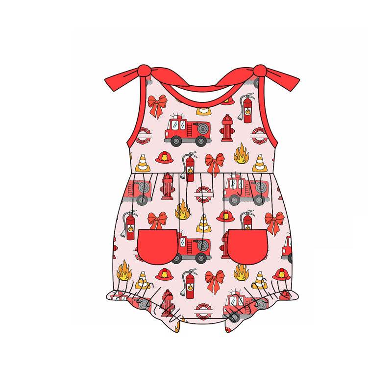 Preorder(moq 5)Baby Infant Girls Firetrucks Bows Summer Rompers