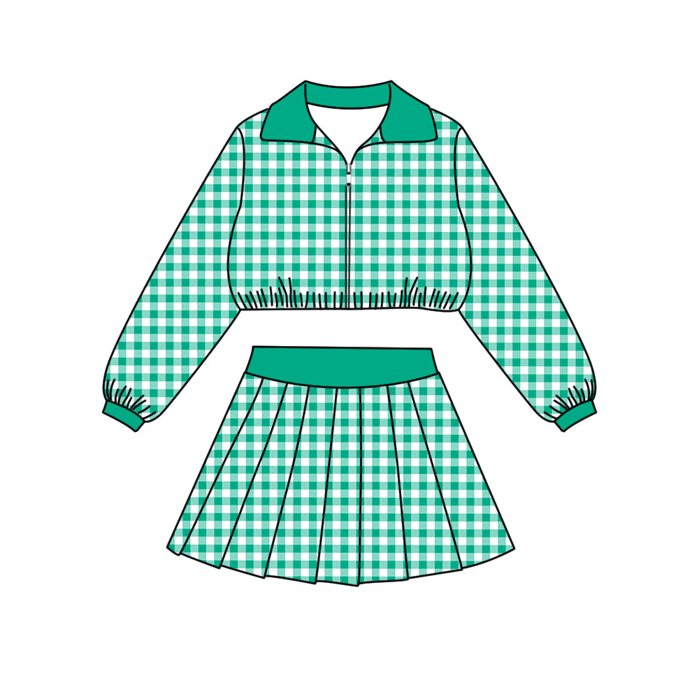 Preorder (moq 5)Baby Girls Long Sleeve Green Checked Zip Pullovers Skirt Short Clothes Set