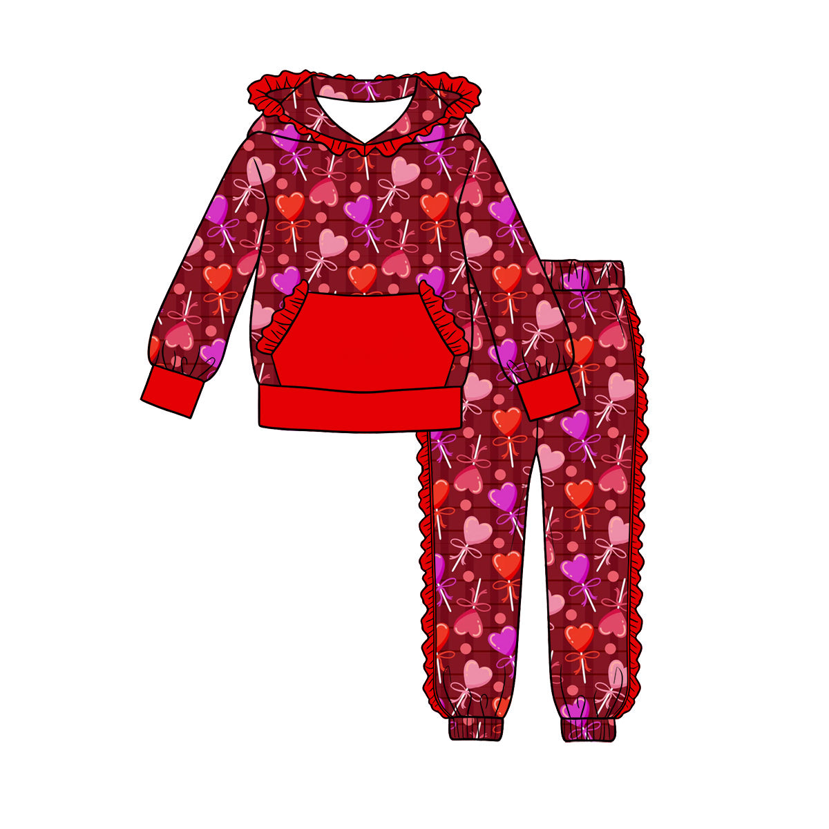 Preorder (moq 5) Baby Girls’ Red Heart With Bow Pocket Hoodie & Ruffle Joggers Set