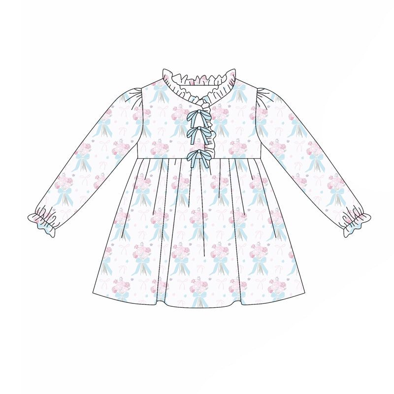 preorder(moq 5) Baby Girls Long Ruffle Sleeves Blue Bows Flowers Plaid Knee Length Dresses