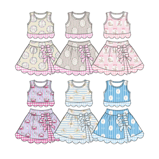 Preorder (moq 5) Baby Girl Clothes Easter Bunny Bouquet Pink Blue Stripe Print Sleeveless Crop Top Bow Skirt Outfit Set