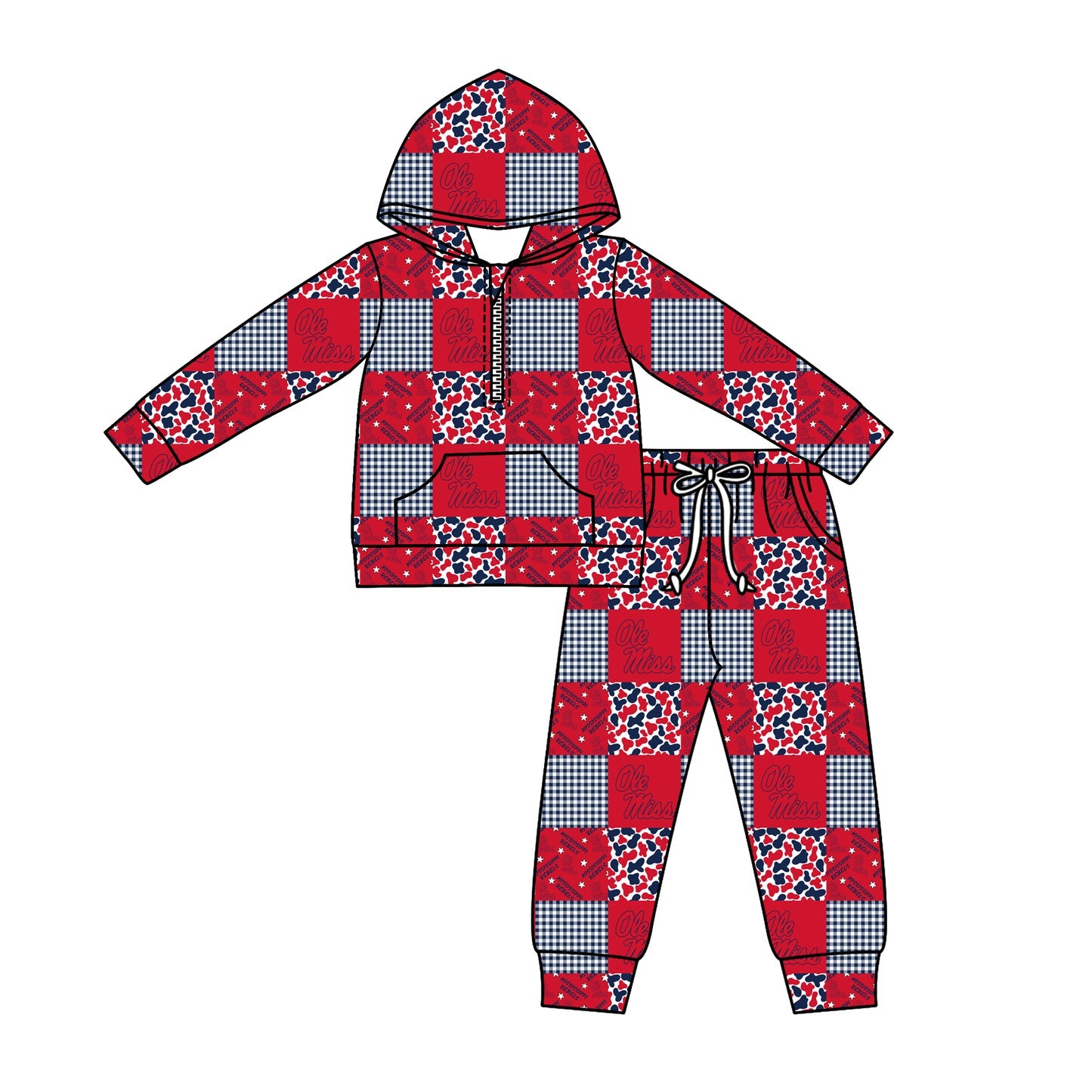 Preorder (moq 5)Baby Boys Camo Ole Miss Checked Zipper Pockets Hoodies Pants Team Clothes Sets