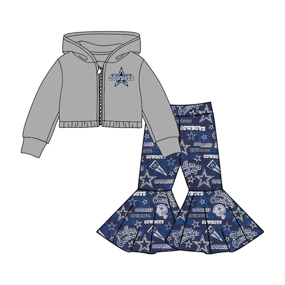 Preorder moq 5 Baby Girls Team Cowboys Hooded Tops Bell Pants Clothing Sets