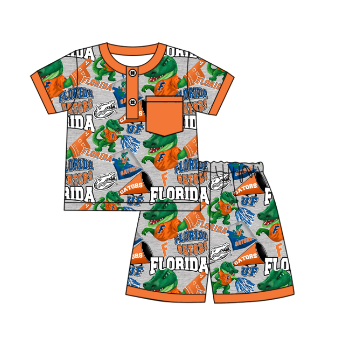 Preorder (moq 5)Baby Boys Short Sleeves Button Pocket Dinosaurs Florida Top Shorts Team Pajamas Set
