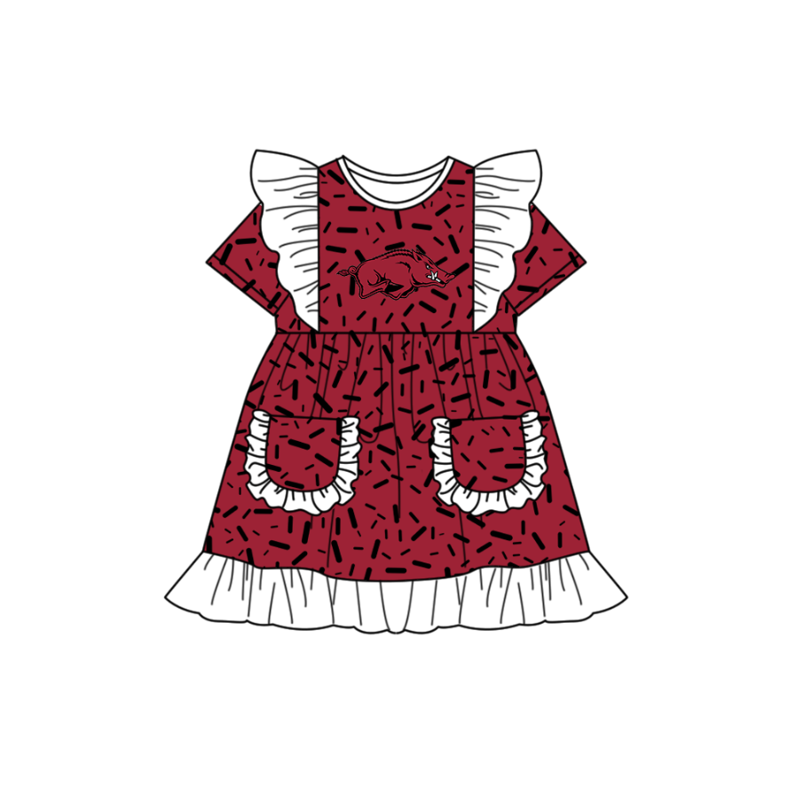 Preorder (moq 5)Baby Girls Flutter Short Sleeve Red Sprinkles Bulls Pockets Team Ruffle Knee Length Dresses