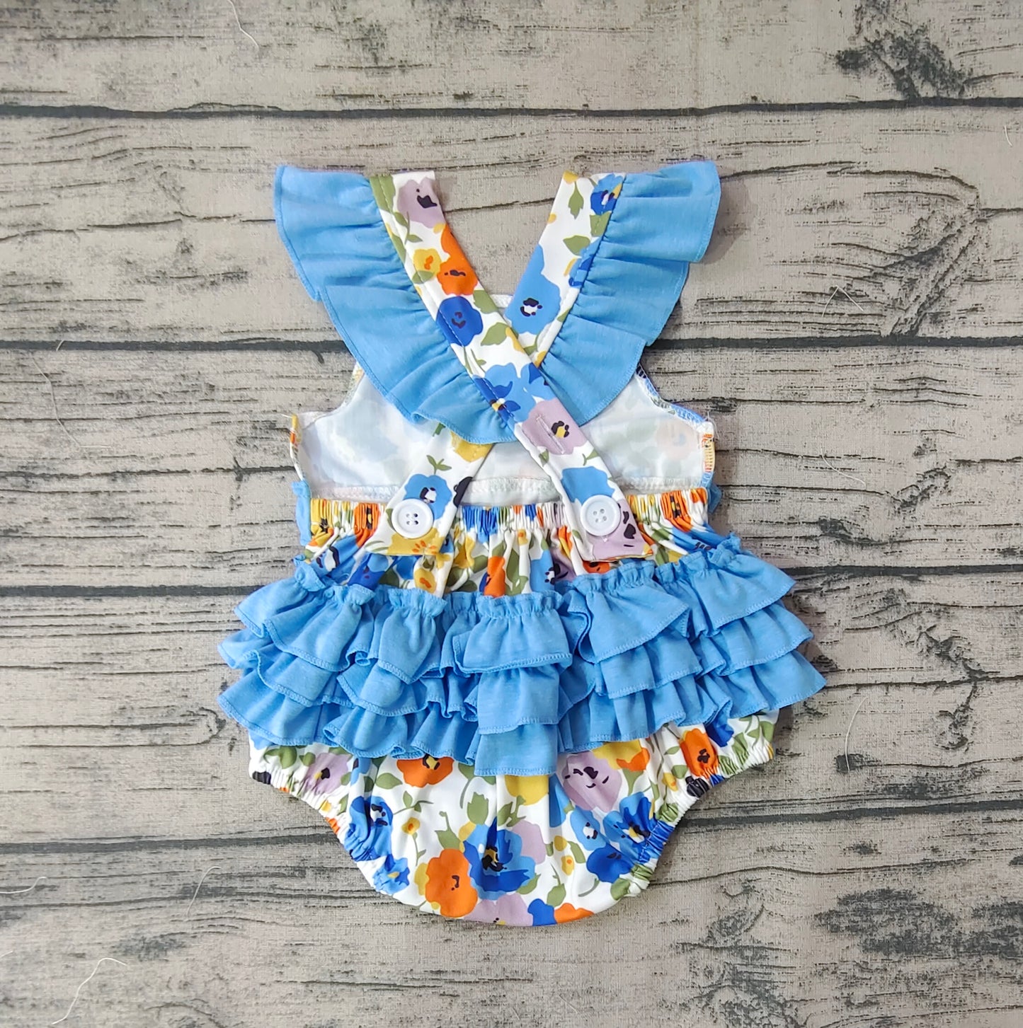 Baby Infant Girls Blue Small Flowers Flutter Sleeve Rompers