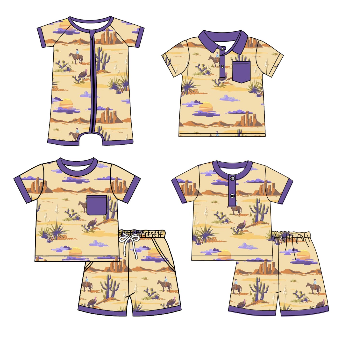 Preorder moq 5 Custom Baby Boys Purple Short Sleeves Horse Rodeos Cactus Top Short Pajamas Set Polo Shirts And Zipper Rompers