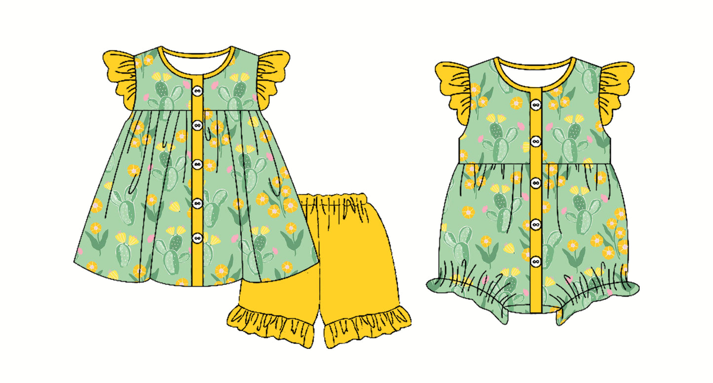Preorder moq 5 Custom Baby Girls Yellow Button Flowers Tunic Ruffle Short Set Rompers