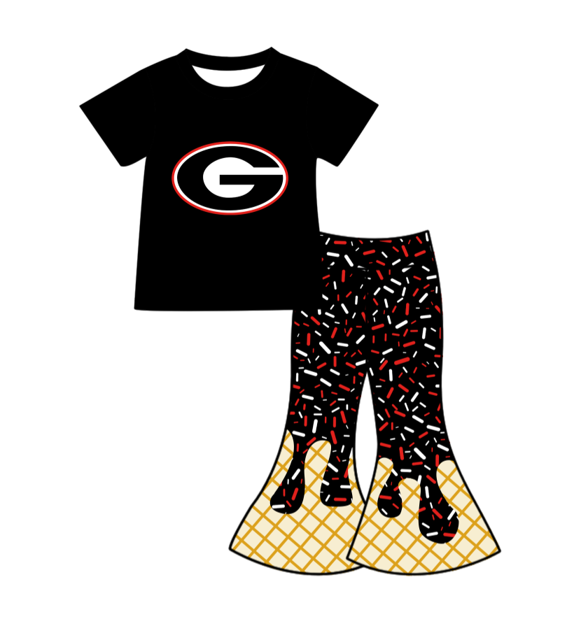 Preorder (moq 5)Baby Girls Black G Top Drip Sprinkles Bell Bottom Pants Team Clothes Sets