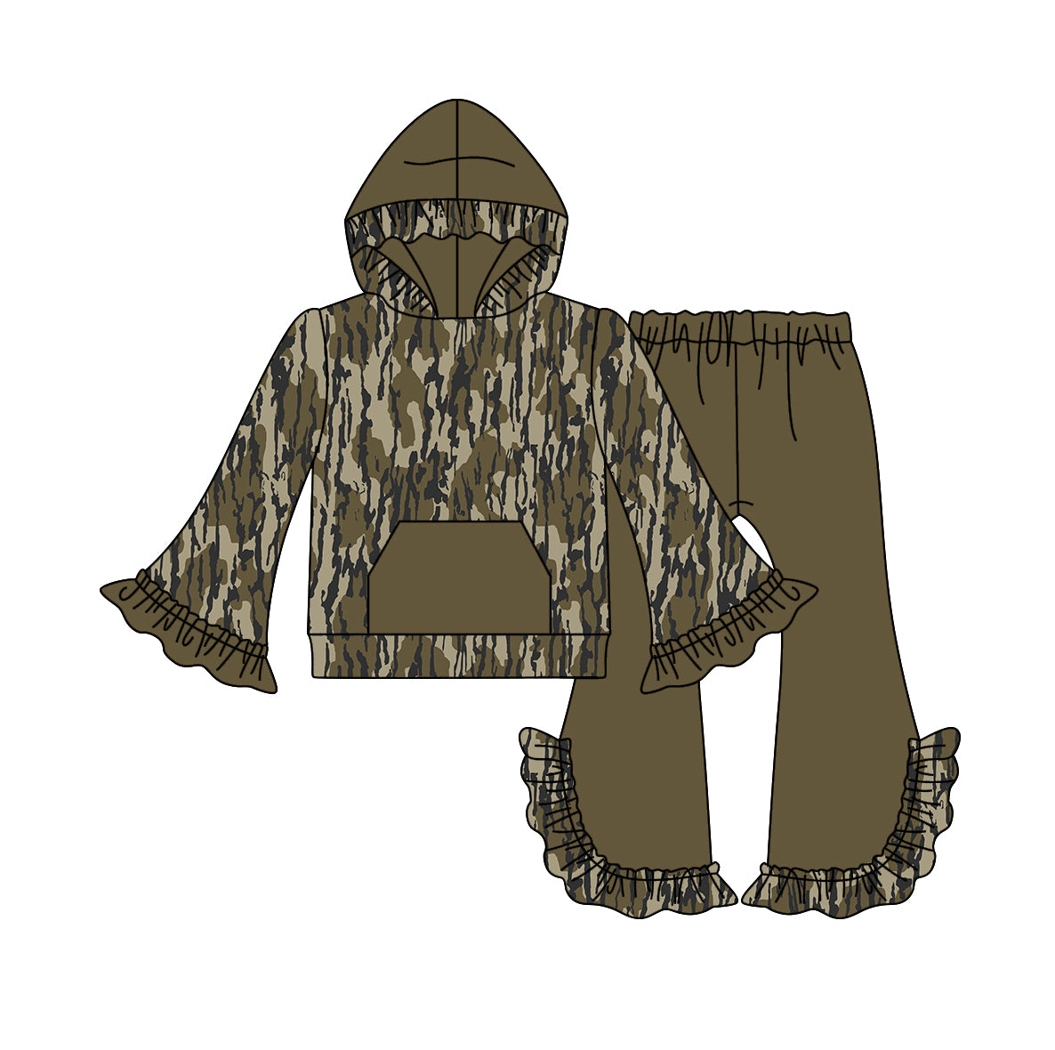 Baby Girls Green Camo Pocket Hooded Top Ruffle Pants Clothes Sets Preorder(moq 5)