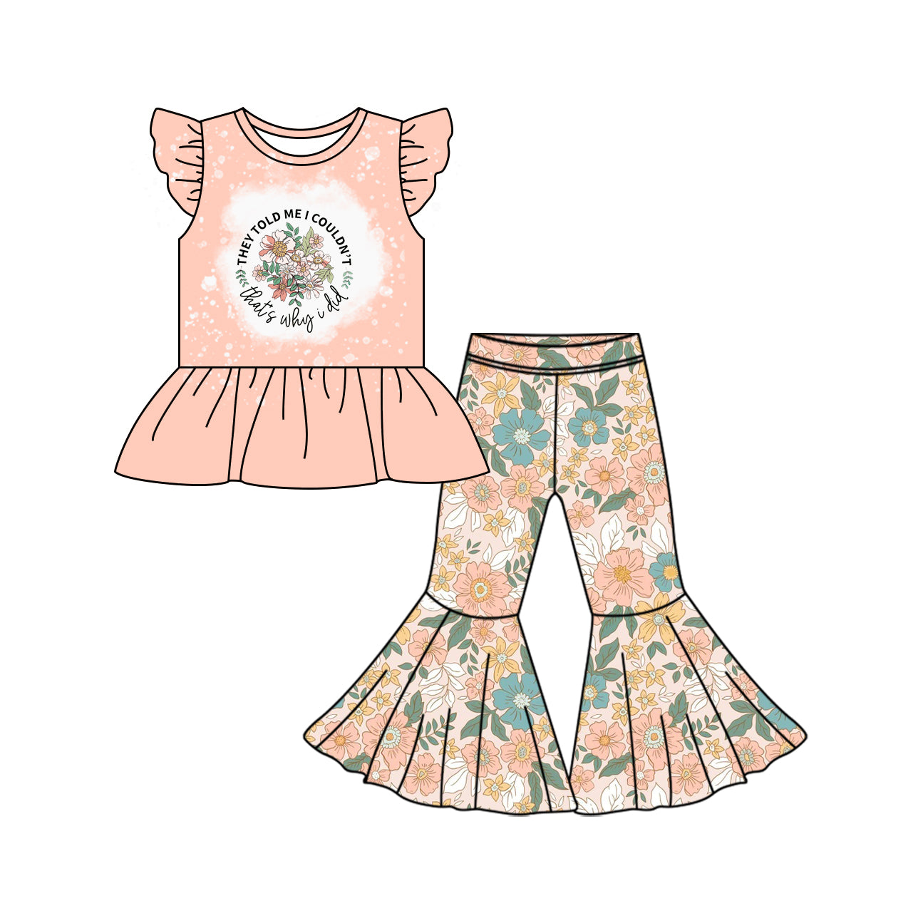 Preorder (moq 5)Baby Girls Pink Flowers Shirt Top Bell Pants Clothes Sets